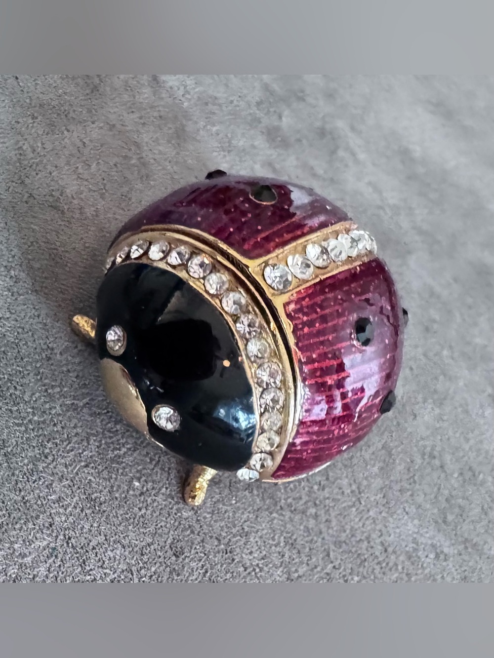 Red Enamel Ladybug Decorative Trinket Box with Clear Crystals